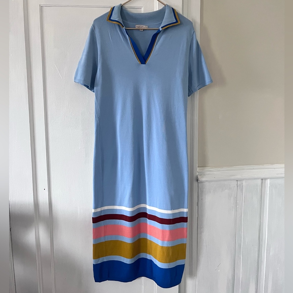 eva mendes for New York & Company Light Blue Midi Dress with Multicolor Stripes